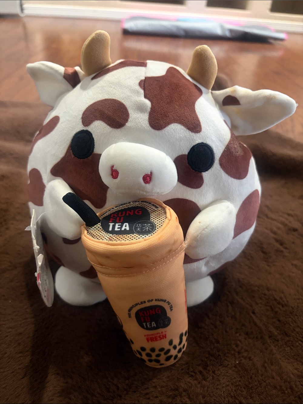 Snackles Brown and White Cow with Bubble Tea Plush